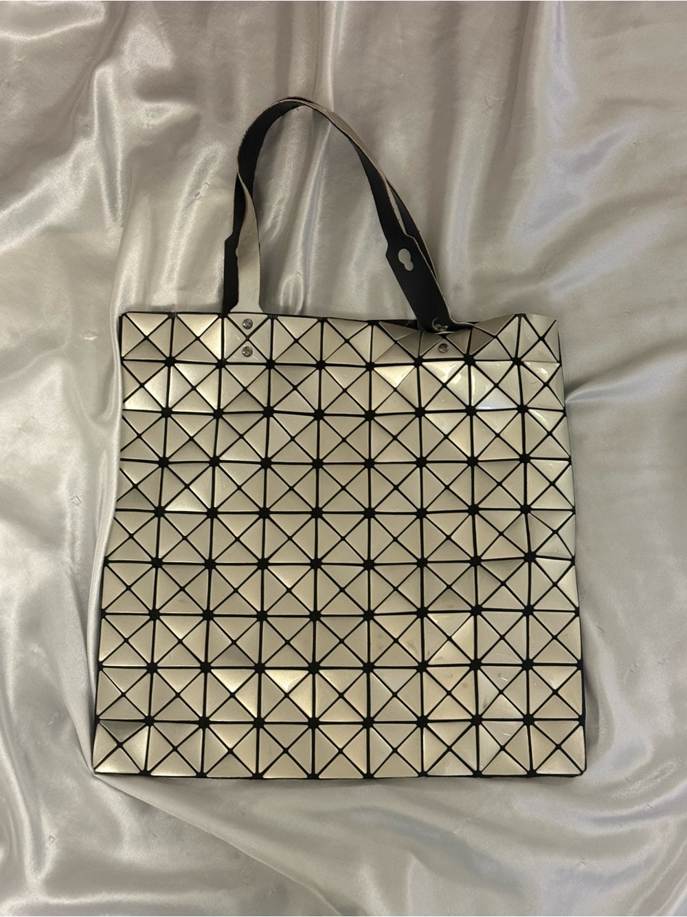 Issey Miyake Silver Geometric Panel Tote with Black Straps